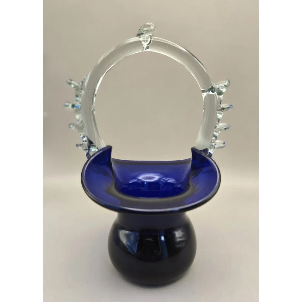 Vintage Romanian Basket Handblown Cobalt Blue 6.75
